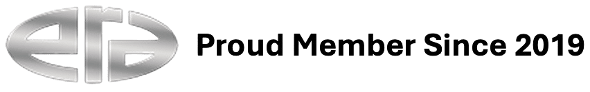 Silver logo on a black background.